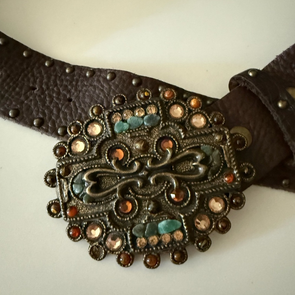 Embellished Brown Leather Belt with Ornate Buckle